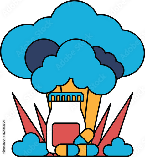 A jar of pills is on the ground next to a cloud