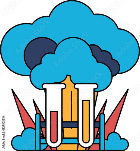 A black and white drawing of a cloud with two test tubes in it