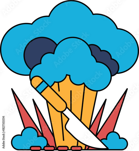 A knife is stuck in a cloud of smoke