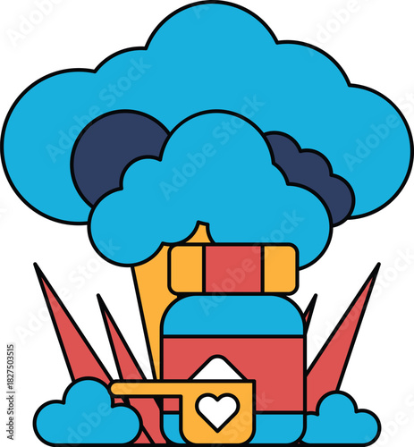 A cartoon of a cloud with a heart and a bottle of medicine