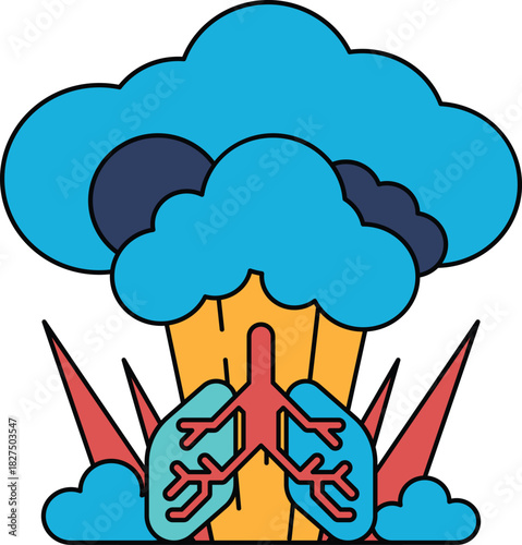 A black and white drawing of a cloud with a pair of lungs in the middle