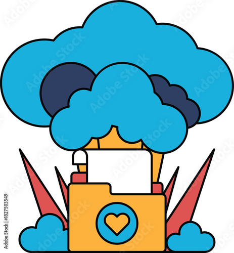 A white and black drawing of a cloud with a heart and a file cabinet