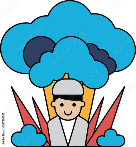 A man is standing in front of a tree with a big cloud above him