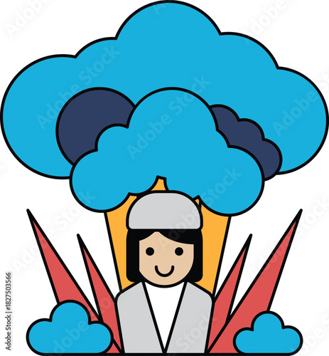 A woman is standing in front of a tree with a big cloud in the background