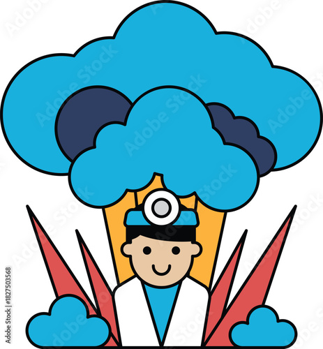 A man is wearing a hat and is standing in front of a large cloud