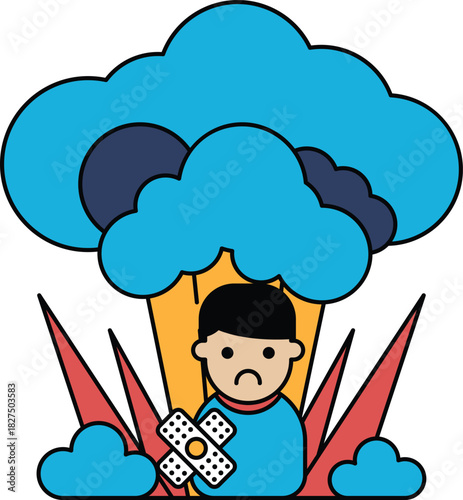 A boy is holding a bandage in his hand