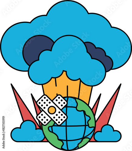 A black and white drawing of a planet with a large cloud and a small one