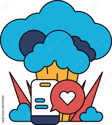 A white and black drawing of a cloud with a heart and a cell phone