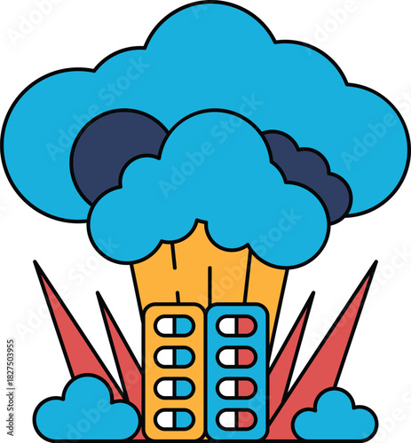 A black and white drawing of a cloud with two buildings in the foreground