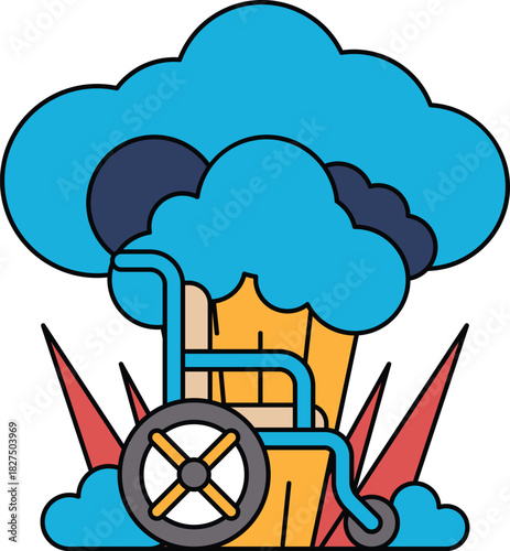 A cartoon of a wheelchair and a cloud with a bomb in the middle
