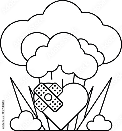 A black and white drawing of a heart with a bandage on it