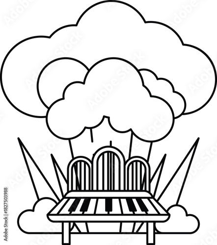A black and white drawing of a piano bench with a cloud in the background
