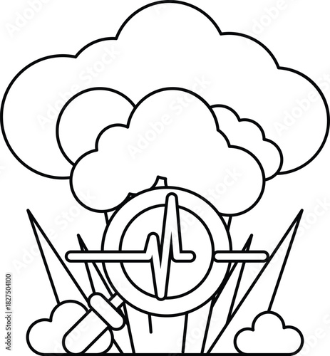 A black and white drawing of a bomb with a heart on it