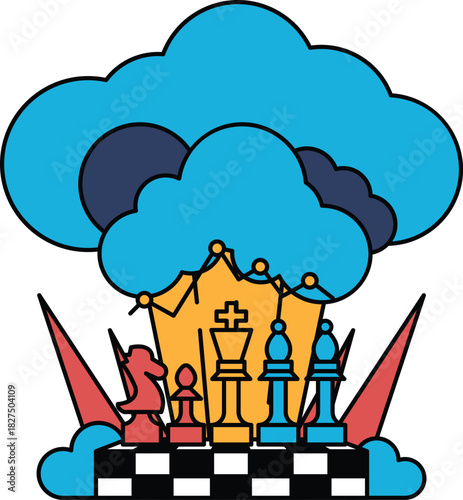 A black and white drawing of a chess board with a cloud in the background