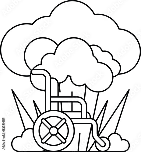 A cartoon of a wheelchair and a cloud with a bomb in the middle