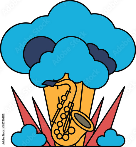 A black and white drawing of a saxophone and clouds