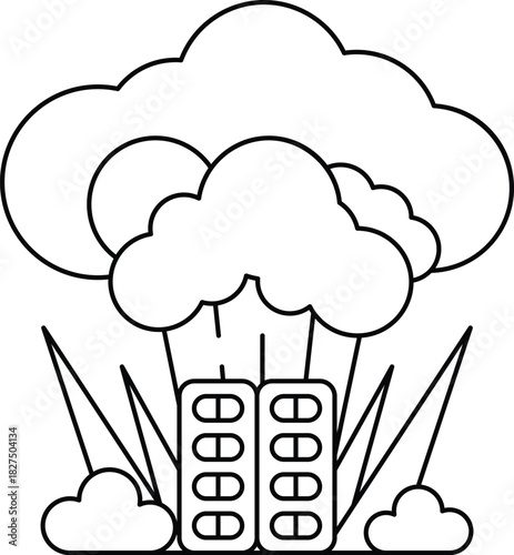 A black and white drawing of a cloud with two buildings in the foreground
