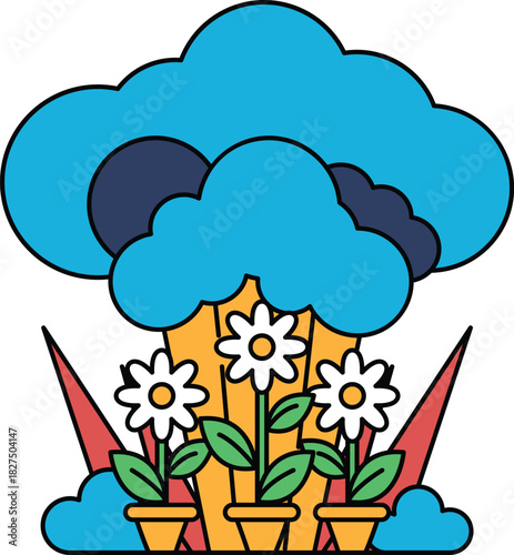 A drawing of a cloudy sky with three potted flowers in the foreground