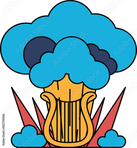 A black and white drawing of a cloud with a gondola in the middle