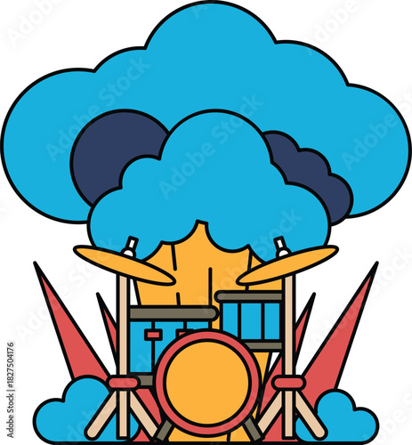 A black and white drawing of a drum set with a cloud in the background