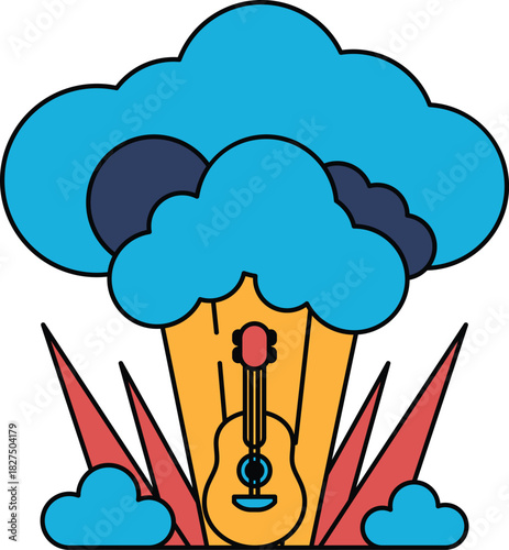 A guitar is in the middle of a cloud