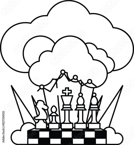A black and white drawing of a chess board with a cloud in the background