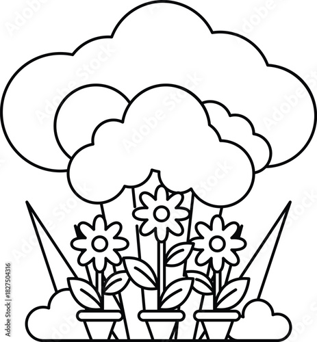 A drawing of a cloudy sky with three potted flowers in the foreground