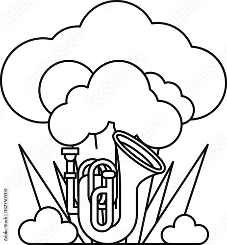 A black and white drawing of a cloud with a trombone and trumpet in the middle
