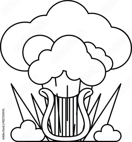 A black and white drawing of a cloud with a gondola in the middle