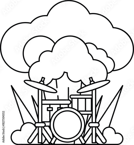 A black and white drawing of a drum set with a cloud in the background