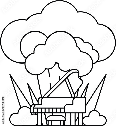 A piano is shown in the middle of a cloud