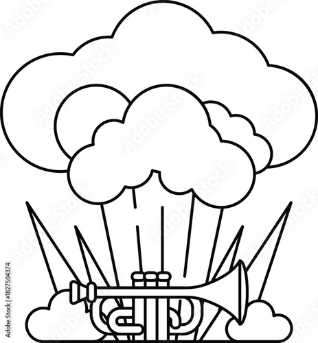 A black and white drawing of a trumpet and clouds