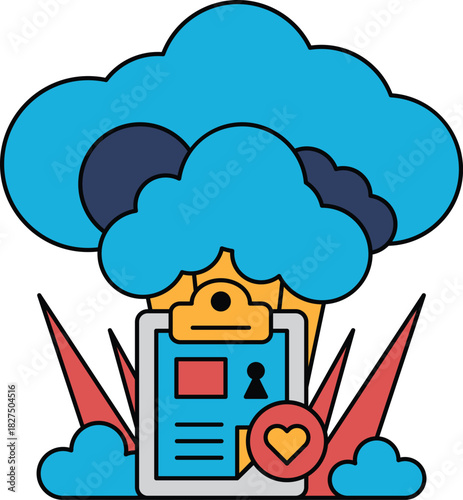 A white and black drawing of a cloud with a clipboard on top of it