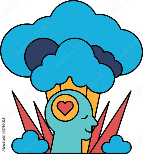 A man with a heart on his head is surrounded by clouds