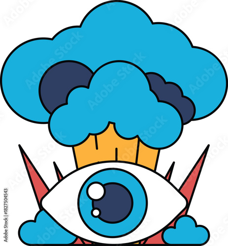 A cartoon drawing of a cloud with a large eye in the middle