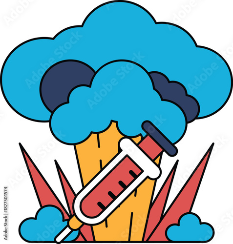 A black and white drawing of a cloud with a syringe sticking out of it