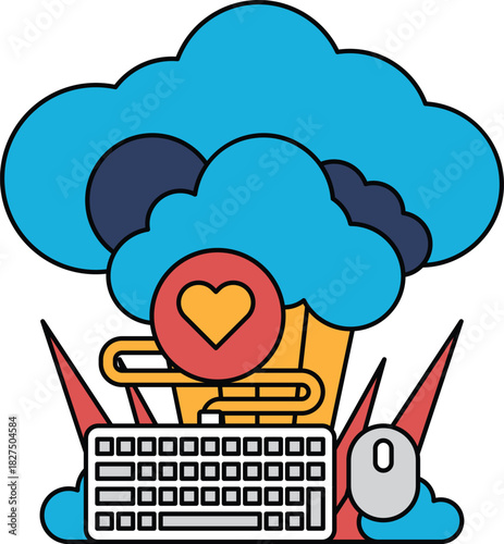 A cloud with a heart and a keyboard and mouse