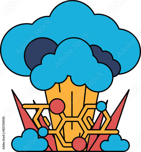 A black and white drawing of a cloud with a white circle in the middle