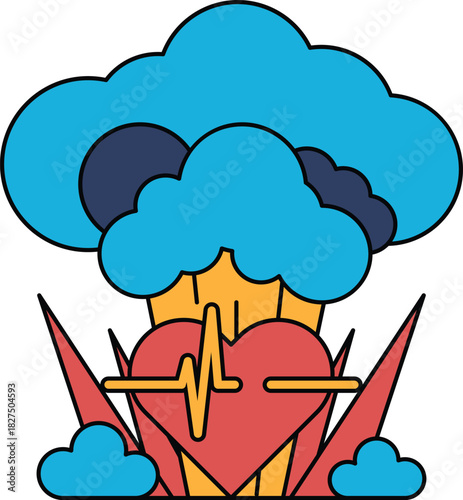 A heart with an ECG on it is surrounded by clouds