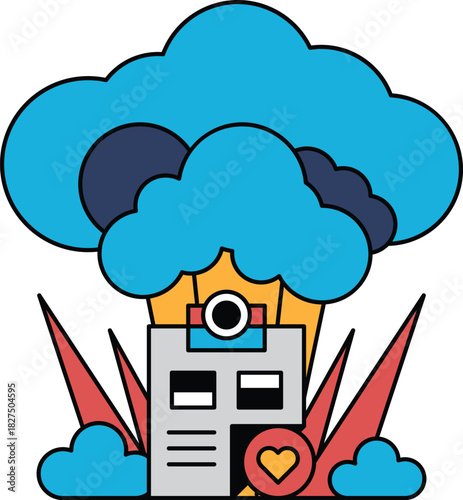 A white and black drawing of a building with a heart on it