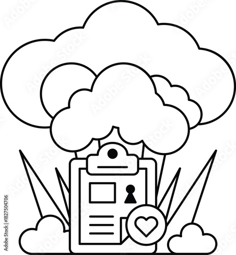 A white and black drawing of a cloud with a clipboard on top of it