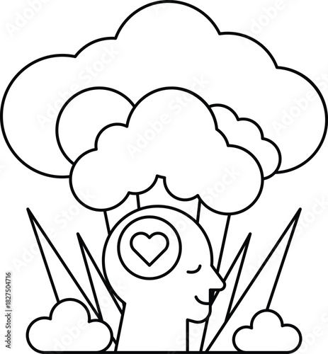 A man with a heart on his head is surrounded by clouds