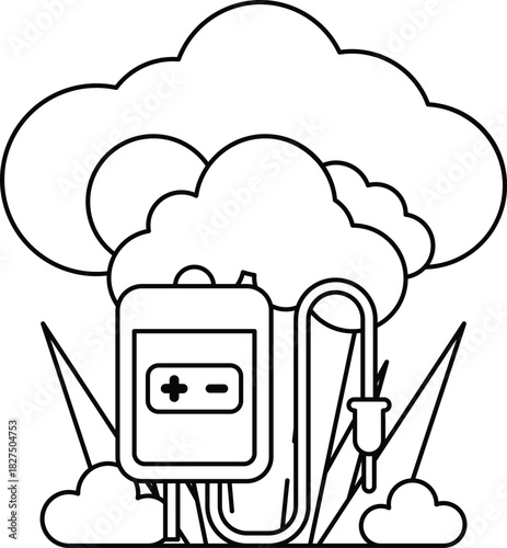 A cartoon drawing of a cloud with a red device in the middle