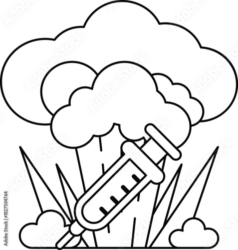 A black and white drawing of a cloud with a syringe sticking out of it