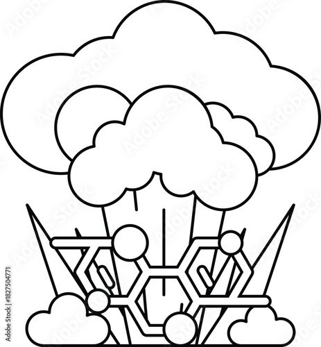 A black and white drawing of a cloud with a white circle in the middle