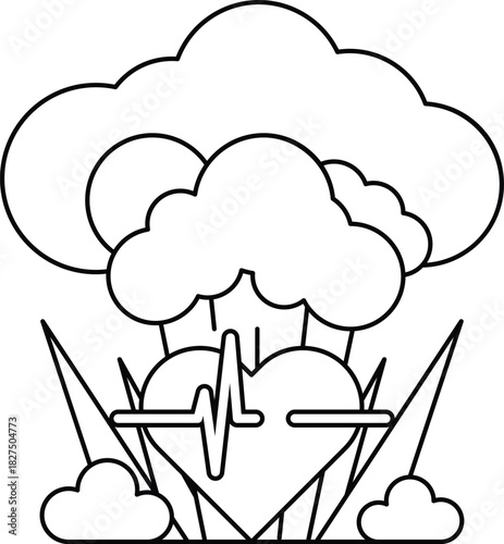 A heart with an ECG on it is surrounded by clouds