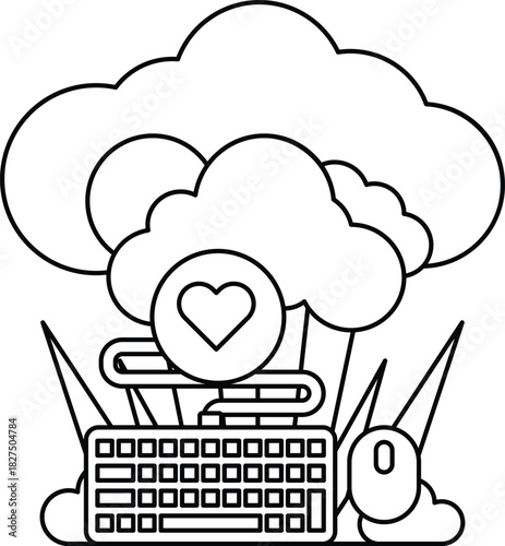 A cloud with a heart and a keyboard and mouse