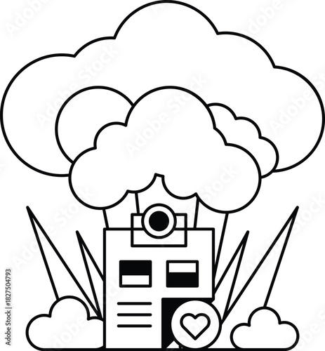 A white and black drawing of a building with a heart on it