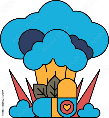 A white and black drawing of a cloud with a broccoli and a heart