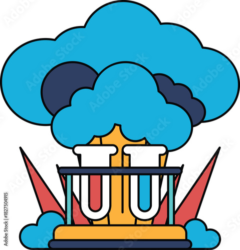 A black and white drawing of a cloud with a large explosion in the middle